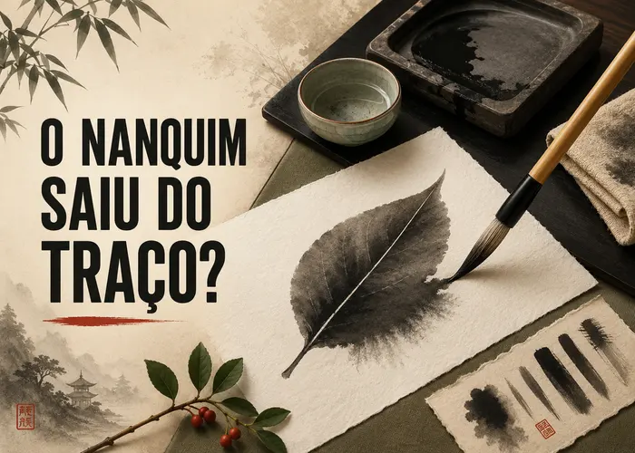 Por que o nanquim se espalha além do traço ao pintar folhas de sumi-ê em papel absorvente?