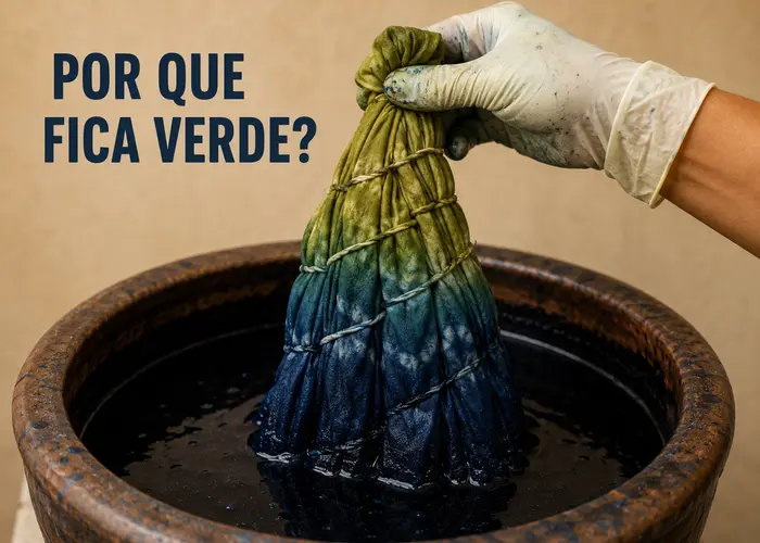 Por que o tecido sai verde do banho de índigo antes de ficar azul?