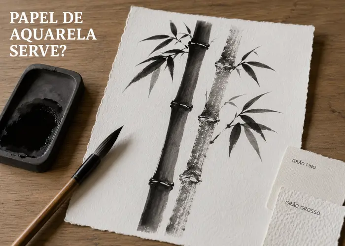 Comparação de traços de bambu em papéis de aquarela lisos e rugosos