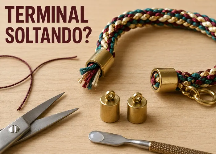 Ponta de pulseira de kumihimo parcialmente solta de um terminal metálico