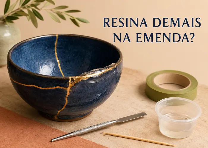 Tigela esmaltada reparada com kintsugi apresentando excesso de resina na linha de união