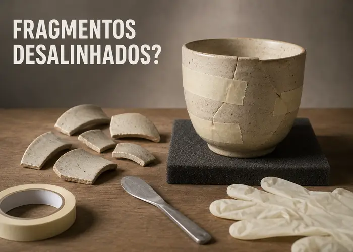 Fragmentos curvos de uma xícara sendo alinhados antes do reparo com kintsugi