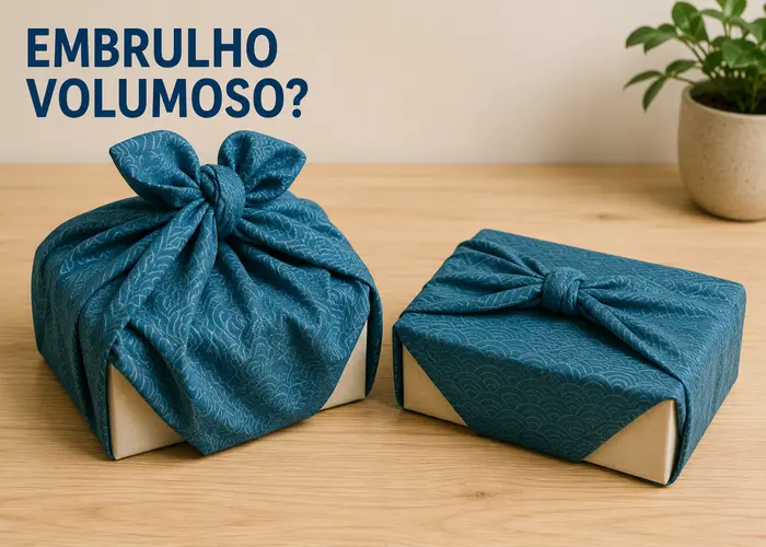 Caixa pequena embrulhada com furoshiki de algodão grosso e nó volumoso