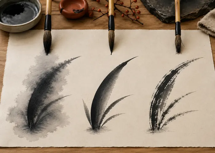Comparação entre pincel encharcado, pincel equilibrado e pincel seco na pintura de folhas de sumi-ê