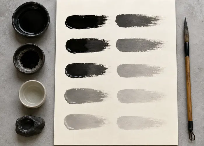 Escala de nanquim comparando tons molhados e secos no mesmo papel