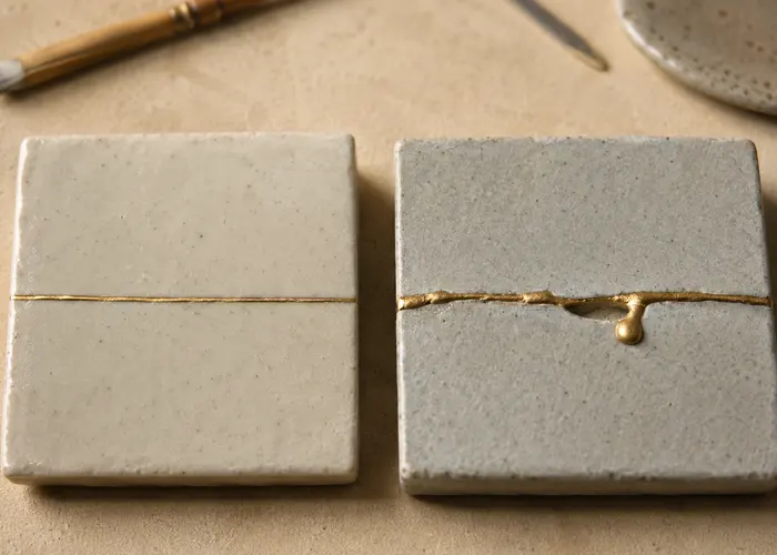 Comparação entre base nivelada e base irregular antes da aplicação da mica no kintsugi