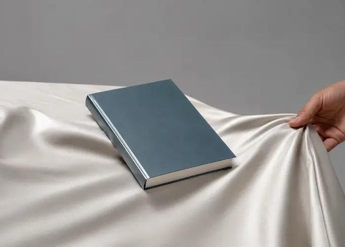 Livro de capa lisa sendo testado sobre tecido acetinado inclinado