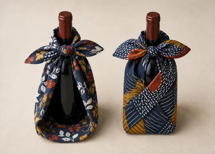Mãos formando um nó quadrado com pontas organizadas de furoshiki de viscose