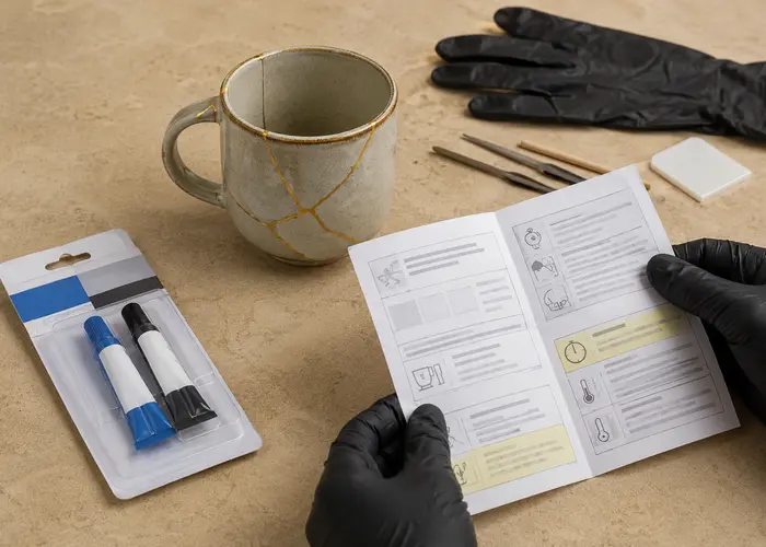 Embalagem e ficha técnica de adesivo sendo conferidas antes do uso da caneca reparada