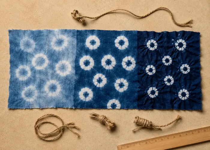 Barbante sendo enrolado progressivamente em uma porção de tecido para shibori kanoko