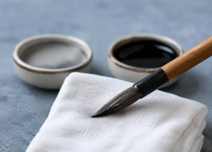 Excesso de água sendo retirado das laterais do pincel antes da pintura das pétalas