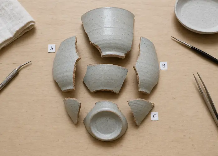 Teste de encaixe seco dos fragmentos curvos de uma xícara antes da colagem