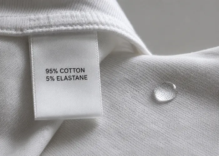 Etiqueta de camiseta indicando algodão e pequena porcentagem de elastano