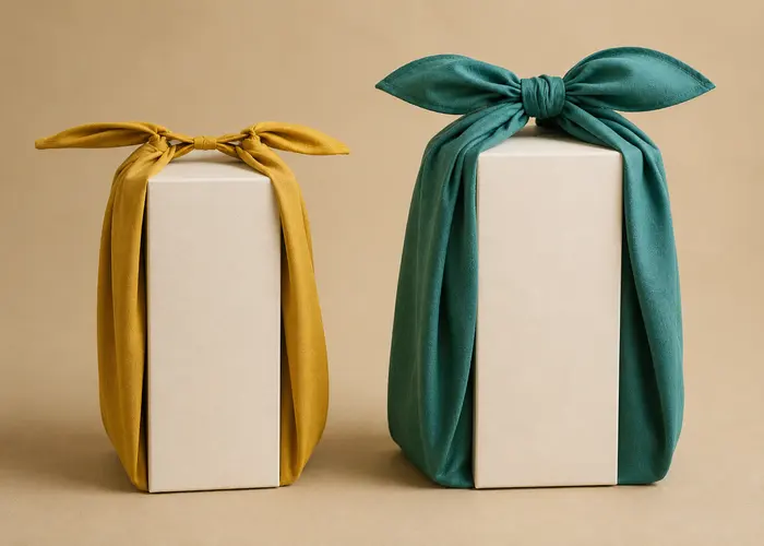 Comparação entre furoshiki curto e furoshiki adequado para uma caixa alta
