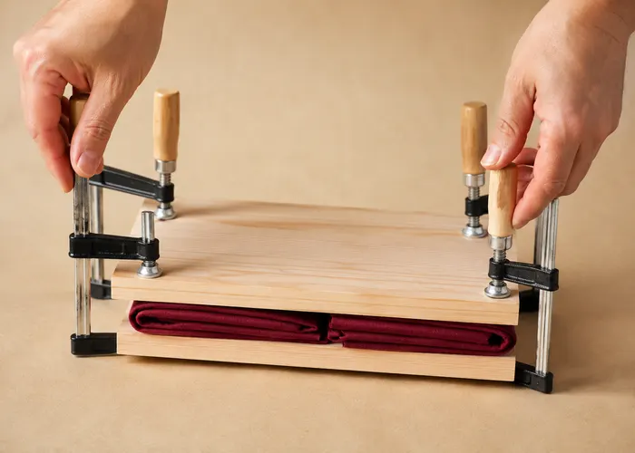 Grampos sendo apertados em lados opostos de blocos para shibori itajime