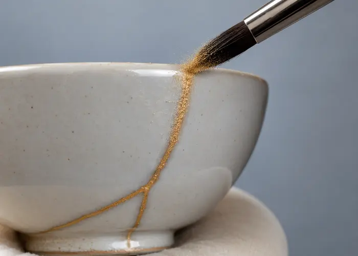 Pó de mica sendo depositado com pincel seco sobre a linha do kintsugi