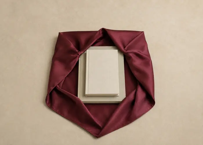 Livros centralizados e ajustados antes do nó em furoshiki acetinado
