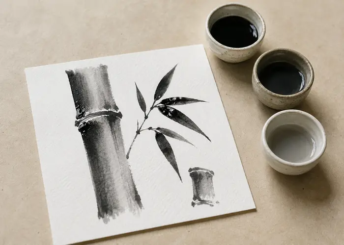 Teste de caule, nó, galho e folha de bambu em papel para aquarela