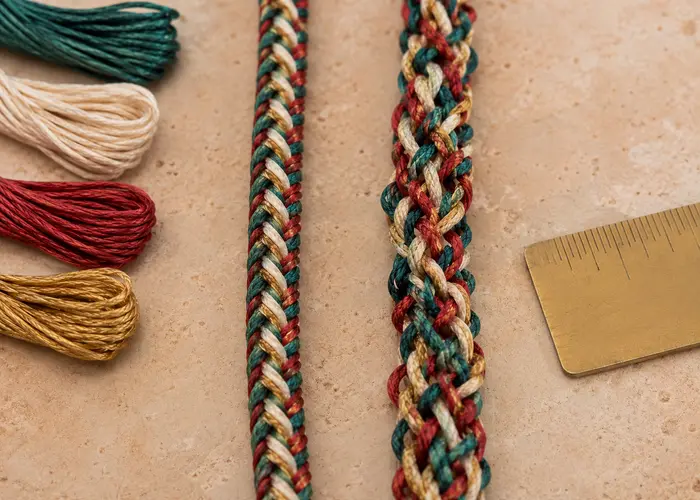 Comparação entre cordão de kumihimo compacto e cordão frouxo feito com fio encerado