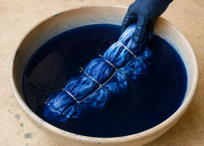 Tecido shibori amarrado sendo movimentado em banho de corante azul homogêneo