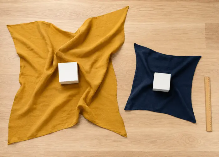 Comparação de dois tamanhos de furoshiki ao redor da mesma caixa pequena