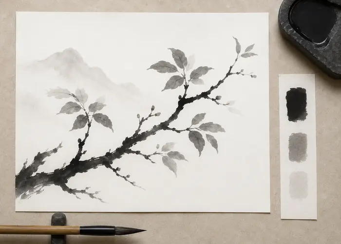 Pintura de sumi-ê equilibrando preto profundo, cinzas e espaços vazios