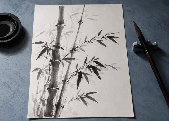 Composição de bambu em sumi-ê pintada sobre papel de aquarela de grão fino