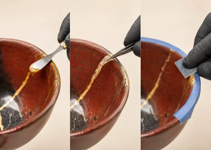 Comparação entre resina líquida, parcialmente curada e endurecida ao redor de uma emenda