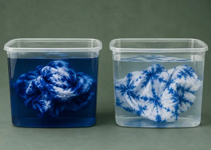 Comparação entre enxágue de shibori em água carregada de pigmento e em água limpa