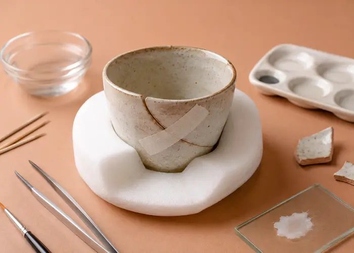 Xícara apoiada em espuma com fragmento fixado por tiras de fita durante a cura