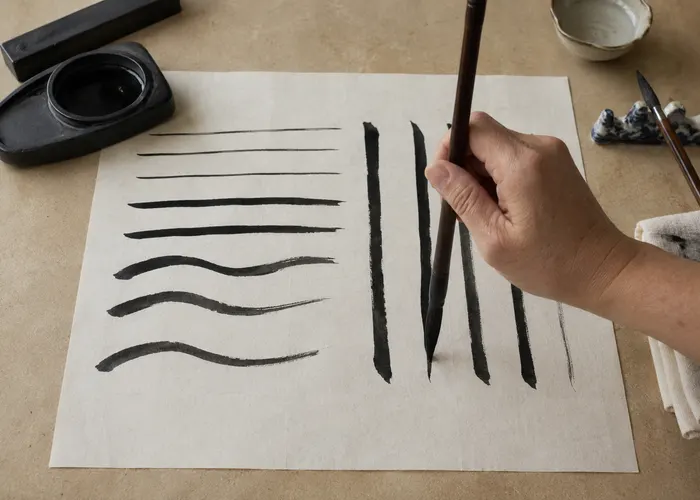 Exercício de linhas finas e curvas feito com pincel de sumi-ê