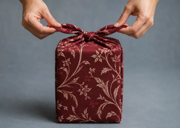 Teste de nó em furoshiki ao redor de uma caixa alta centralizada